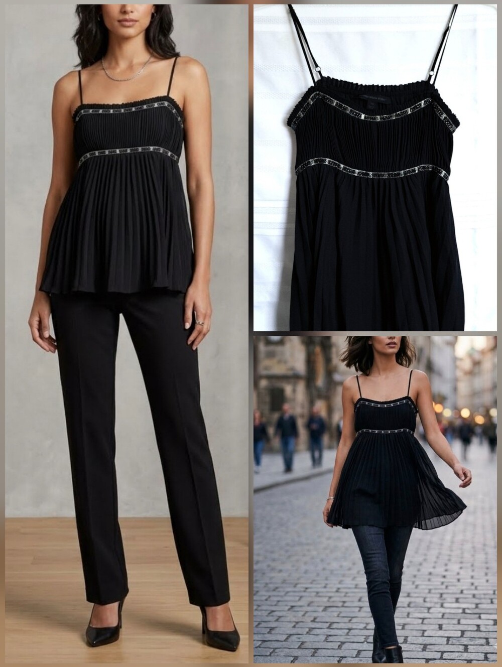 💙Y2K Express Strapless Pleated Black Top with Beaded Trim 🤍XS